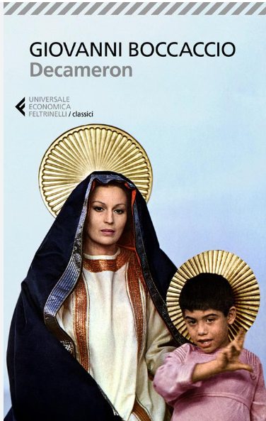 La copertina del Decameron nella veste grafica ideata da Feltrinelli, traendo ispirazione dall'omonimo film di Pierpaolo Pasolini. (Fotografia tratta dall'edizione Feltrinelli del Decameron)