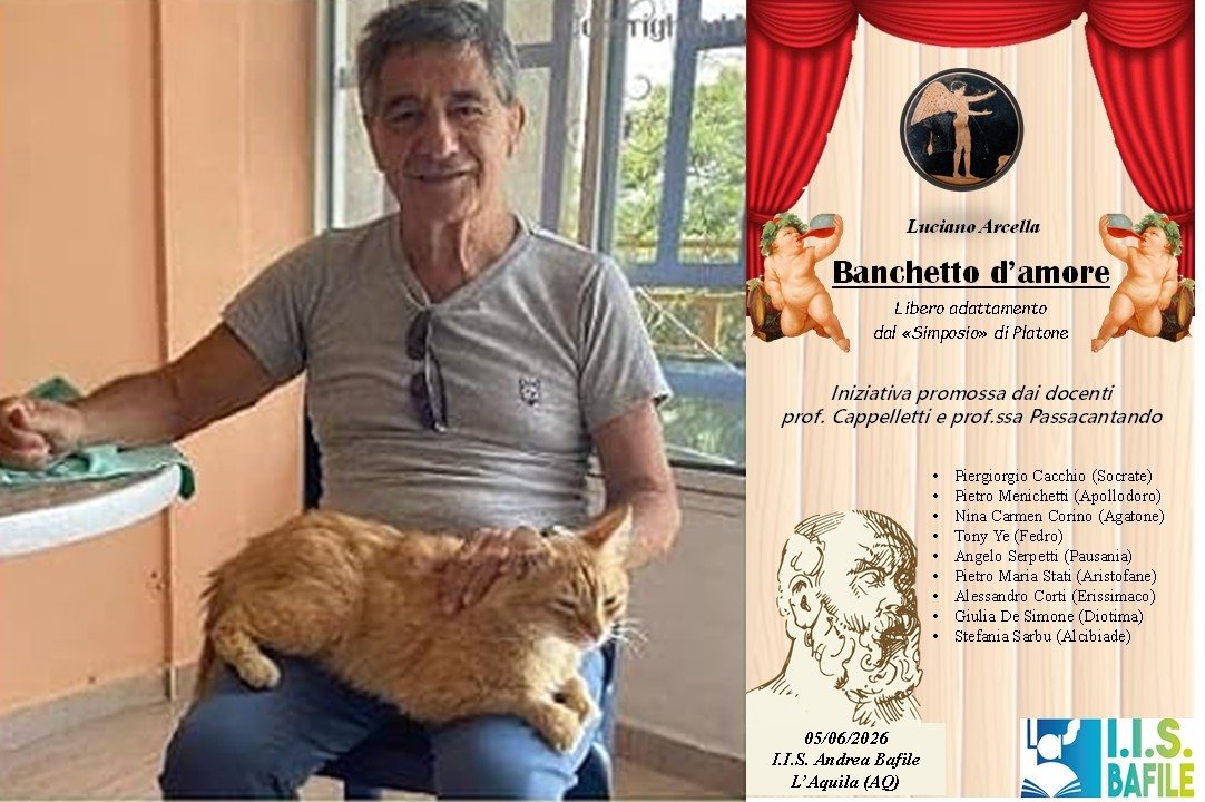 Luciano Arcella e la locandina dello spettacolo "Banchetto d'amore" prodotta da Angelo Serpetti. (Fotografia tratta dal profilo Facebook di Luciano Arcella)